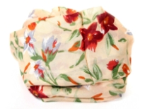 Multi colored floral print over beige colored 100% silk scarf which is square shaped. Made in India. 