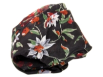 Multi colored floral print over black 100% silk scarf which is square shape. Made in India. 