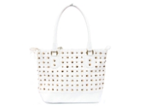 Faux leather Metal Eyelets studded Double Handle Bag. Top zipper closing. Center divider.