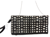 Faux leather folding clutch studded with rhinestones. Top zipper closing. Back zipper pocket. wrist strap and metal shoulder chain included.