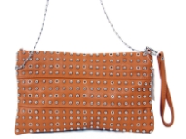 Faux leather rhinestones studded clutch bag. top zipper closing. Back outside zipper pocket. Wrist strap and metal shoulder chain included.
