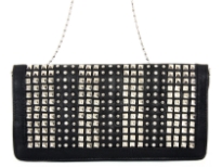 Faux leather folding studded clutch bag. Zipper closing inside the flap & back outside zipper pocket. Wrist strap and metal shoulder chain included.