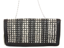 Faux leather folding studded clutch bag. Zipper closing. Back outside zipper pocket. Wrist strap and metal shoulder chain included.