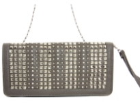 Faux leather folding studded clutch bag. zipper closing. Back outside zipper pocket. Wrist strap and metal shoulder chain included.