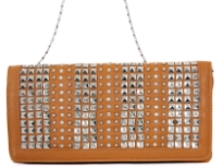 Faux leather folding studded clutch bag. Zipper closing. Back outside zipper pocket. Wrist strap and metal shoulder strap included.