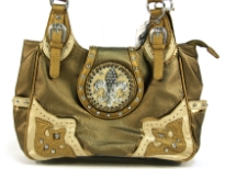Fleur De Liz Licensed PVC handbag in shining PVC material. patchwork in contrasting colors on the corners, has 2 open side pockets, belt accents on the double handle, zipper closure on top & also a clasp with Fleur De Liz logo in rhinestones. 