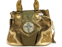 Fleur De Liz Licensed Handbag in Shining PVC. Bag has patchwork design in the corners in contrasting color. Double handle & hanging fringes on the sides of the bag. Top zipper closure. Fleur De Liz logo in center with rhinestones on it.