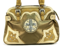 Fleur De Liz Licensed PVC Handbag with top zipper closure. Patchwork in contrast color on the corners, trim bordering the zipper & on the sides of the bag also. Double shoulder handle.