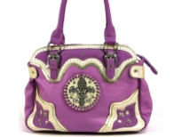 Fleur De Liz Licensed PVC Handbag with top zipper closure. Patchwork in contrast color on the corners, trim bordering the zipper & on the sides of the bag also. Double shoulder handle.