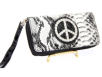 Animal print embossed "Peace" sign double zipper wallet