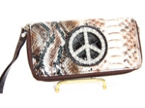 Animal print embossed "Peace" sign double zipper wallet