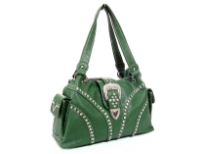 PVC Rhinestones studded belt buckle bag.Double handle, center divider, back zipper pocket.