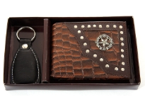 Carry your money in style. This is a genuine leather western style bi-fold men wallets with leather key ring. This is a gift box set. As this is genuine leather, please be aware that there will be some small creases and nicks in the leather but the wallet are all brand new. 