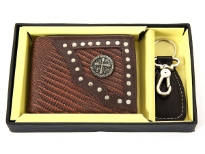 Carry your money in style. This is a genuine leather western style bi-fold men wallets with leather key ring. This is a gift box set. As this is genuine leather, please be aware that there will be some small creases and nicks in the leather but the wallet are all brand new. 