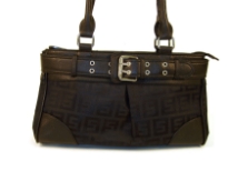 Patterned Jacquard Handbag with Belt like trim. Top zipper closure and double shoulder handle. Imported.