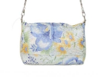 Hand painted metal mesh bag made with a top zipper closure and a detachable shoulder strap.