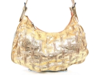 Metallic PVC shoulder bag. Top zipper closing. Center divider.