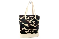 PVC camouflage print shopping tote. Top zipper closing.