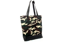 PVC camouflage print shopping tote. Top zipper closing.