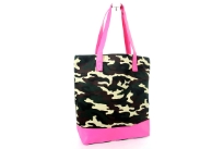PVC camouflage print shopping tote. Top zipper closing.