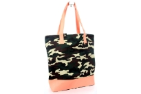PVC Camouflage printed shopping tote. Top zipper closing.