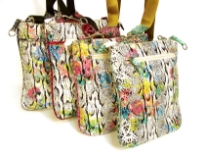 Snake print multi colored crossbody bag with strappy design in front and zipper closure at back. Bag has a solid colored detachable cross body strap. Made of PU (polyurethane).
