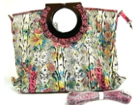 Designer Inspired Snake Print PVC handbag has a ring handle and an additional detachable single Shoulder strap. Belt accents on the sides of the bag.