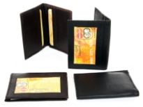 This is a genuine leather slim design credit card and ID holder in a bifold design. There are 6 credit card slots and one ID window on the outside. As this is genuine leather, please be aware that there will be some small creases and nicks in the leather but the wallet are all brand new.