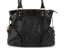 Two Tone tote bag has a double handle, a top zipper closure, outside pockets and crocodile trimming. Made of faux leather.