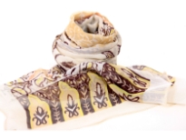 Beautiful printed scarf in beige with gold & coffee colored artistic pattern comprising of paisleys, leaves & flowers. Lightweight & matches with any kind of outfit. 60% polyester and 40% silk.