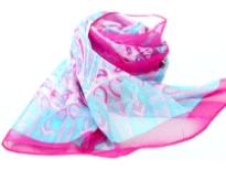 Beautiful Printed scarf in fuchsia color with artistic pattern in turquoise blue comprising of paisleys, leaves & flowers. Lightweight & matches with any kind of outfit. 60% polyester and 40% silk.