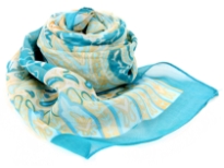 Beautiful Printed scarf in Teal with artistic pattern in gold comprising of paisleys, leaves & flowers. Lightweight & matches with any kind of outfit. 60% polyester and 40% silk. Hand wash.