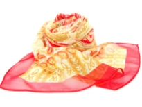 Beautiful Printed scarf in red with artistic pattern in gold comprising of paisleys, leaves & flowers. Lightweight & matches with any kind of outfit. 60% polyester and 40% silk.