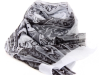 Beautiful printed scarf in white with artistic pattern in black comprising of paisleys, leaves & flowers. Lightweight & matches with any kind of outfit. 60% polyester and 40% silk. Hand wash.