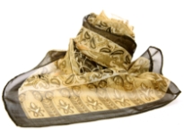 Beautiful printed scarf in hunter green with artistic pattern in gold color comprising of paisleys, leaves & flowers. Lightweight & matches with any kind of outfit. 60% polyester and 40% silk.