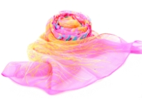 Artistic Pink colored sheer & lightweight scarf with yellow colored print on it. 60% Polyester and 40% Silk. Hand wash. Imported.