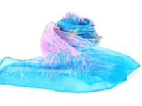 Artistic turquoise colored sheer & lightweight scarf with pink colored print on it. 60% Polyester and 40% Silk. Hand wash.