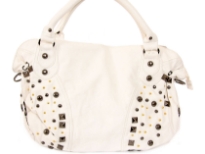 PVC Fashion Handbag has a top zipper closure, a double handle, a detachable shoulder strap, and a mix of studded details.
