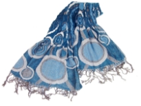 This artistically patterned 100% Polyester scarf in turquoise & white colors is quilted and super soft to use. This retro scarf can be teamed with any kind of outfit. Thin fringes on the edges adds that extra zing to it. Imported.