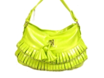 Fashion shoulder bag has a top zipper closure, a single strap and layered frill with stud details on it. Made of PVC.