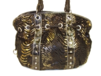 Designer Inspired metallic animal print velvet shoulder bag with drawstring detail. Bag has a zipper closure and a double strap. Made of PU (polyurethane).