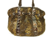 Designer Inspired metallic animal print velvet shoulder bag with drawstring detail. Bag has a zipper closure and a double strap. Made of PU (polyurethane).