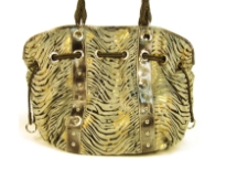 Designer Inspired metallic animal print velvet shoulder bag with drawstring detail. Bag has a zipper closure and a double strap. Made of PU (polyurethane).