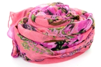 Unique patterned floral pink 100% polyester scarf. Hand wash. Imported.