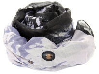 Light purple 100% polyester scarf with black colored abstract print on it. Black border on all sides with little metal studs at some places. Eyelash fringe along bot the lengths of scarf. Imported. Hand wash.