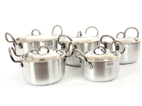 Aluminum Stock Pot Small 5 Pieces Set. Stainless Steel Lid with fixed knob. Riveted SS Handles for Long Life.