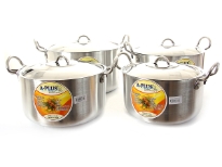 Aluminum Stock Pot Big 4 Pieces Set. Stainless Steel Lid with fixed knob. Riveted SS Handles for Long Life.