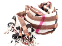 Long twisted fringe decorates the ends of a sumptuous wool scarf updated in an array of colors to match your every mood. Brown, fuchsia & black plaids over beige colored scarf. Imported. Dry clean only.