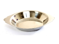 Stainless round gratin dishes make table service of hot food easy! The 8 ounce size makes them especially good for bubbling appetizers and heated desserts. Stainless round gratin dishes have side handles for comfortable transport. They are stack-able to maximize valued storage area. Stainless round gratin dishes have a bright finish that enhances any food presentation.