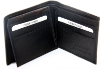Carry your money in style. This genuine leather wallet has 9 credit card slots. Double bill bifold wallet with left flap. Left flaps reveals one ID window. As this is genuine leather, please be aware that there will be some small creases and nicks in the leather but the wallet are all brand new.